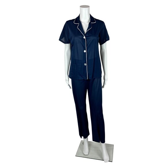 Vintage 70s Pajamas Women's Extra Small Dark Blue Nylon Pant Top 2 Piece Set - Picture 1 of 10